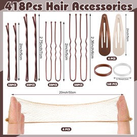 368 Pcs Bobby Pins Brown Hair Pins Kit, U Shaped Hair Pins, Hair Nets for Buns, 2/2.36/2.76inch Hair Pins for Women, Snap Hair Clips, Hair Rubber Bands with Box for Styling