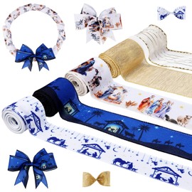 JOYMEMO 5 Rolls 25 Yards Blue Christmas Birth of Jesus Theme Ribbon Set, 2.5 in Nativity Scene Wired Edge Ribbons for Christian Baptism Religious Party, Gift Wrapping Wreaths Bow Crafts Tree Decor