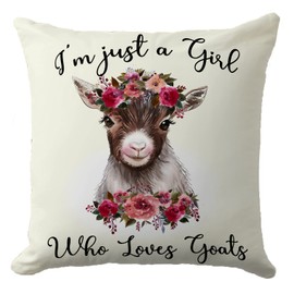 Just A Girl Who Loves Goats Pillow Cover, Cute Western Farmhouse Animal Decorative Pillow Cover Cushion Goat Print Decor for Bedroom, Sofa, Couch, Living Room (18×18 Inch, Beige)