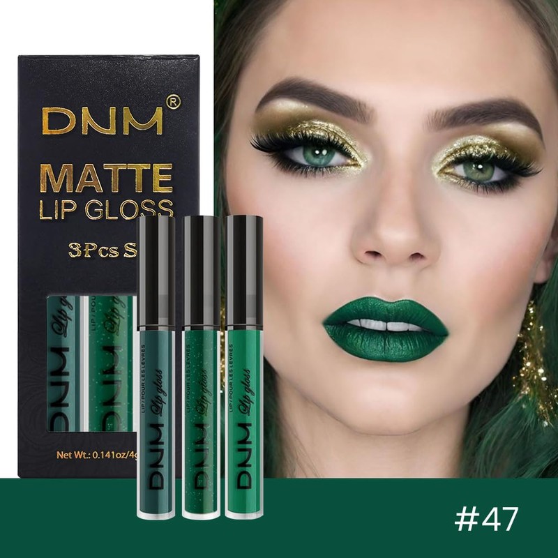 evpct 3Pcs Dark Deep Forest Green Shimmer Matte Liquid Lipstick