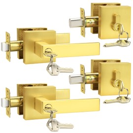 Probrico Brushed Gold Exterior Door Locksets, Heavy Duty Square Keyed Alike Front Door Entry Handle and Single Cylinder Deadbolt Set, Satin Brass, 2Pack