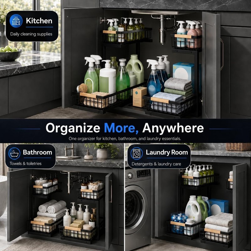 Under Sink Organizer, Pull Out Kitchen Storage Cabinet Organizer, 2-Tier