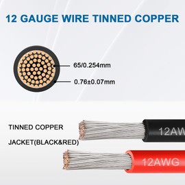 12 Gauge Marine Wire, 12 AWG Tinned Copper Electrical Wire, Boat Cable for Automotive, Solar, Car Audio, Trailer, Camper & Marine Wiring(12 AWG, 100FT Red + 100FT Black)