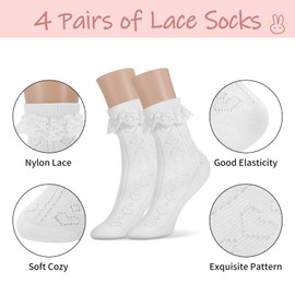 Zuimei 4 Pairs White Frilly Socks for Women Girls, Fairy Lace Trim Ruffle Socks with Bow, Ladies Frilly Ankle Socks, Cotton Princess Dance Dress Socks for Casual Wedding Costume Party Supplies