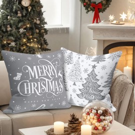 Lanpn 40x40 cm Grey Christmas Pillow Covers Set of 4, Christmas Decorations Pillowcase, Winter Decorative Pillow Case, 16x16 Christmas Tree Cushion for Indoor Home Bedroom Sofa Xmas Couch Decor