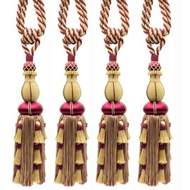 DÉCOPRO Large Elegant Curtain & Drapery Tassel Tieback, Tassel Length 12"" (30.5cm), 30"" Spread (76cm) # TBAX12, Burgundy Gold Red #1253 (Carmine Red, Yellow Gold, Dark Red) Set of 4