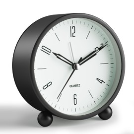 Analog Alarm Clock, 4 inch Super Silent Non Ticking Small Clock with Night Light, Battery Operated, Simple Design, Old Fashioned Style Black Decor, for Bedroom, Bedside, Desk, Adult, Kid, Gift, Black