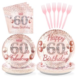 Grencian 96 Pcs 60th Birthday Party Supplies for Women Rose Gold 60 Years Old Paper Plates and Napkins Tableware Set 60th Birthday Decorations for Ladies Women Sixty Years Old Party Serves 24