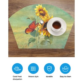 Round Table Placemats Set of 5 American Rustic Style Sunflower Watercolor Wedge Placemats with Centerpiece Heat Resistant Non-Slip for Home Kitchen Dining Party Table Decoration