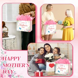 JUESMOS Mother's Day Gift Bag with Tissue Paper 13" Large Floral Mothers Paper Bag with Handles Happy Mother's Day Gift Wrap Bags Party Decorations Mothers Gift for Mom from Daughter Son