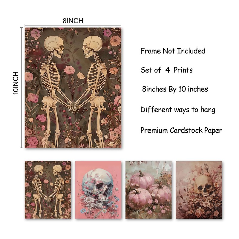 Pink Halloween Gothic Skull Wall Decor, 8x10 Set of 4