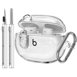 for Beats Studio Buds/Studio Buds Plus Case Cover Clear 2021/2023 Men Lock Clip with Cleaner Kit, Protective Cover for New Beats Studio Buds + Wireless Earbuds Case with Keychain, Clear Glitter