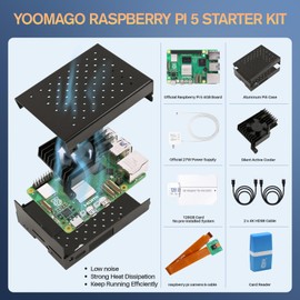 YOOMAGO Raspberry Pi 5 Starter Kit with Pi 5 4GB RAM Board, 27W USB-C Pi 5 Power Supply, 128GB Card, Raspberry Pi 5 Aluminum Case