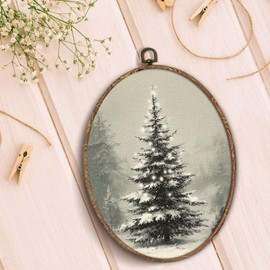 Hxlac Rustic Christmas Tree Oval Wall Art Framed, Winter Snowy Landscape Oval Wall Decor, Cottagecore Christmas Winter Hanging Canvas Prints Wall Sculptures for Farmhouse Home Decor, 8.5x11.5 Inch