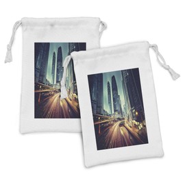 Ambesonne Urban Fabric Pouch Set of 2, Traffic in Hong Kong Picture Sunset China Modern Life High Rise Buildings, Small Drawstring Bag for Toiletries Masks and Favors, 9" x 6", Seafoam Orange Yellow