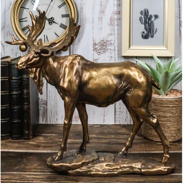 Realistic Large Bull Moose Statue In Gold Patina 11" W