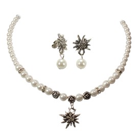Jewellery Set Costume Necklace & Edelweiss Stud Earrings with Pearl – Women's Costume Set Pearl Necklace & Costume Earrings, Dirndl Necklace Rhinestone Edelweiss for Costume Blouse, Oktoberfest Dirndl