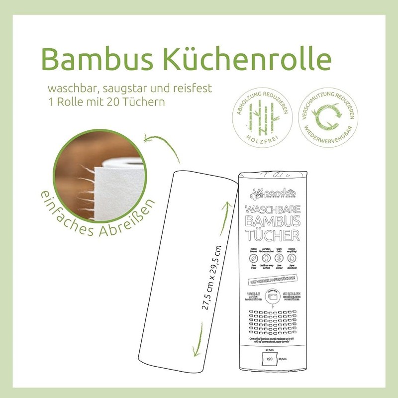 pandoo® 100 % bamboo kitchen roll, washable, environmentally-friendly paper towels,
