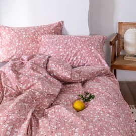 Kids Floral Bedding Queen Duvet Cover Set Pink Lightweight Cotton Bedding Sets 3 pcs Girls Flowers Duvet Cover Set with Zipper Ties Reversible Queen Bedding Set