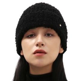UNDERCONTROL Gold Circle Label Unisex Autumn Winter Boucle Wool Blend Warm Cuffed Rollup Beanie Korea Knitted Hat Skull, black