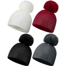 Shinymoon 4 Pcs Women Slouchy Beanie Hat with Faux Fur Pompom Warm Soft Rhinestone Knitted Hats for Womens Winter Fall Hat
