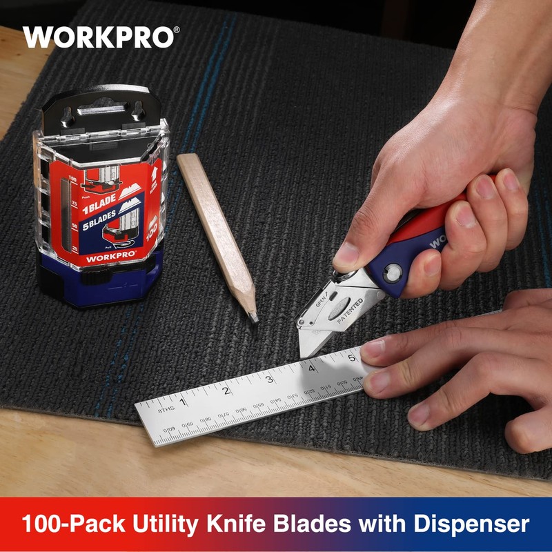 WORKPRO Utility Knife Blades, 100-Pack Utility Blades Replacement with Dispenser,