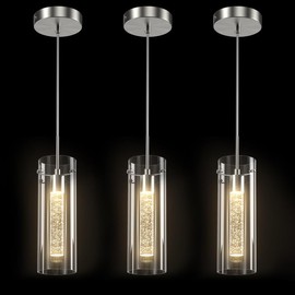 Esfos Pendant Ceiling Light Fixture, LED Kitchen Lighting Crystal Pendant Lights Kitchen Island, 1-Light Integrated Kitchen Hanging Light Fixture Modern Island Light with Bubble Glass Three Pack