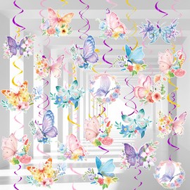 Butterfly Hanging Swirls - 54 Pcs Butterfly Themed Swirls, Butterfly Floral Hanging Swirl & Butterfly Hanging Ceiling Swirl for Butterfly Birthday Decorations & Butterfly Party Decorations