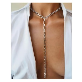 Iaceble Punk Paperclip Y Lariat Necklace Paperclip Chain Choker Necklaces Silver Y Necklace Long Chunky Chain Drop Necklaces Jewelry for Women