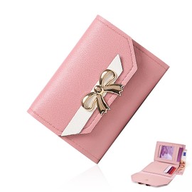 FuninCrea Women's Small Purse with Bow, Women's Small Purse Leather Wallet Women's Bifold Women's Wallet with ID Window and 4 Card Slots, pink, Modern