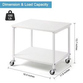 BTY Under Desk Printer Stand 2 Tier White Printer Stand with Storage Shelf Small Printer Table with Rolling Wheels for Office Home Scanner Printer (White)