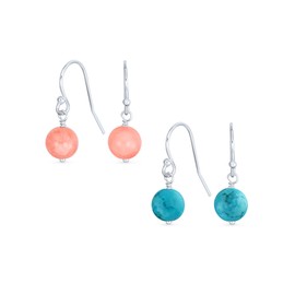 Set of Two Simple Round Bead Stabilized Turquoise & Soft Pink Coral Gemstone French Fish Hook Wire Ball Drop Earrings For Women.925 Sterling Silver