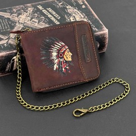 Retro Biker Genuine Leather Wallet American Indian Chief Head Zipper Card Holder Purse W/Chain Mens