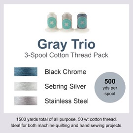 MISSOURI STAR QUILT Cotton Sewing Thread - Double Mercerized 50wt - Heavy Duty All Purpose Quilting 500 yds per Spool - Supplies Gray Assortment