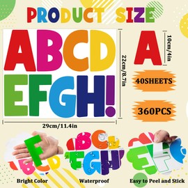 40 Sheets Large Letter Stickers 360 Pcs Bulletin Board Letters 4 Inch Alphabet Stickers Self Adhesive Vinyl Waterproof Sticker Letter for Poster Classroom School Crafts Window Home Door Colorful