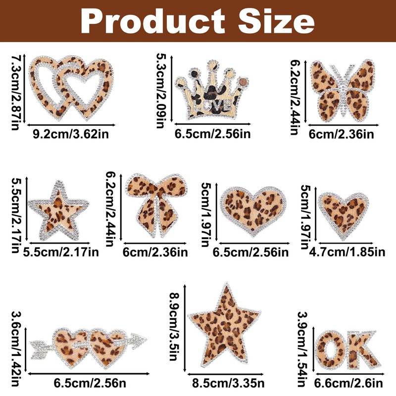 10PCS Leopard Rhinestone Iron on Patches, Delicate Embroidered Applique, Heart
