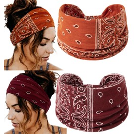 Zupro Boho Headbands 2 Pack For Women Fashion Wide Headband African Sport Yoga Running Workout Turban Hair Bands Hair Accessories Head Wraps Elastic Soft Cotton Cloth Turbans for Women and Girls