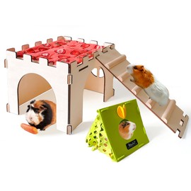 Acsist Guinea Pig Hideout,Large Wooden Guinea Pigs House with Stairs and Mats,Detachable Guinea Pig Castle Hide for Small Animals Hamster Chinchilla Ferret Habitats Accessories