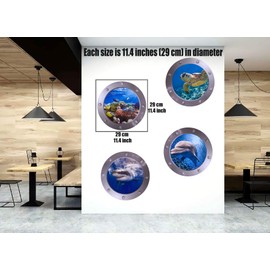 4 PCS Ocean World Wall Window Stickers, 11 Inches Porthole 3D Sea Turtle, Shark, Dolphin Window Sticker Sea Life Wall Window Decor