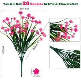Lnoicy 20pcs Artificial Flowers for Outdoor,Plastic Flowers Decoration, UV Resistant Faux Flowers Shrubs, Artificial Plants for Indoor Outside Garden Home Wedding Farmhouse(Pink)