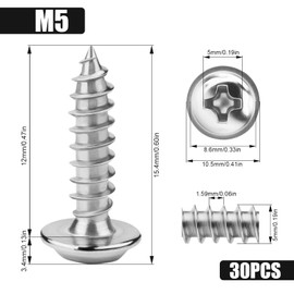 KGGZKG 30 Pcs Pan Head Screws M5x12x10.5mm Phillips Wafer Head 304 Stainless Steel Wood Screws Self Tapping Screws Multi Purpose Round Dome Head with Washer for Construction Hardware Silver