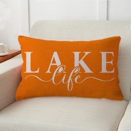 ULOVE LOVE YOURSELF Lake Life Decor Throw Pillow Cover Lake House Lumbar Cushion Cover Farmhouse Summer Decorative Waist Pillowcases 12x20Inch for Sofa Couch Porch (Orange)