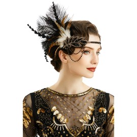 BABEYOND 1920s Headpiece Flapper Headband - Roaring 20's Sequined Showgirl Hair Band Black with Feather (Black)