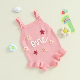 MAHUAOYIXI Newborn Baby Girls First Birthday Outfits Sleeveless Bodysuit Floral Embroidery Knit Romper Toddler Infant Girls Birthday Clothes (Pink, 12-18 Months)