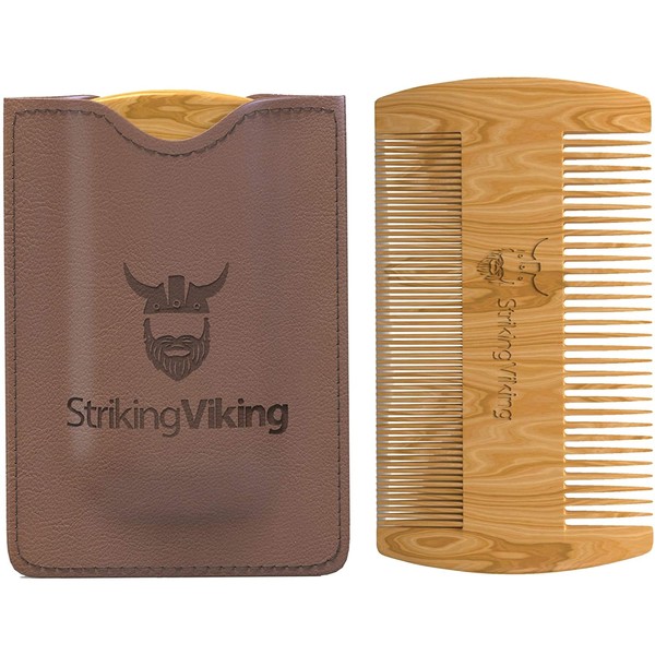 Striking Viking Wooden Beard Comb & Brown Carry Case - Natural Sandalwood Beard and Mustache Comb with Fine & Coarse Teeth - Anti-Static Pocket Comb for Everyday Carry- Perfect for Use with Balms and Oils