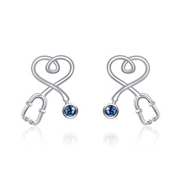 Nurse Earrings Heart Studs Sterling Silver Stethoscope Earrings Simulated Birthstone with Blue Crystal,Fine Jewelry Gifts for Nurse Doctor RN Medical Student