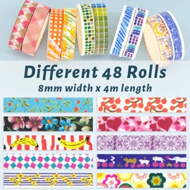 48 Rolls Washi Tape Set - 8mm Wide Decorative Masking Tape, Colourful Flower Style Design for DIY Craft Scrapbooking Gift Wrapping