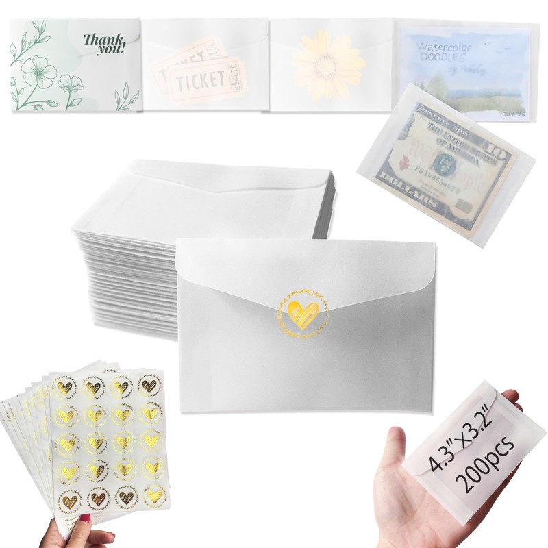 200 PCS Glassine Envelopes, 4.3 × 3.2 Inches Translucent Vellum