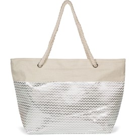 styleBREAKER 02012404 Women's Beach Bag with Metallic Zigzag Zag Pattern, Zip, XXL Shoulder Bag, Shopper, Beige/silver