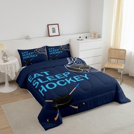 Feelyou Ice Hockey Comforter Set for Kids Boys Girls Hockey Sports Games Comforter Full Size Hockey Player Bedding Set Bedroom Decor Navy Blue Hockey Gift Quilt Set Bedding Collection